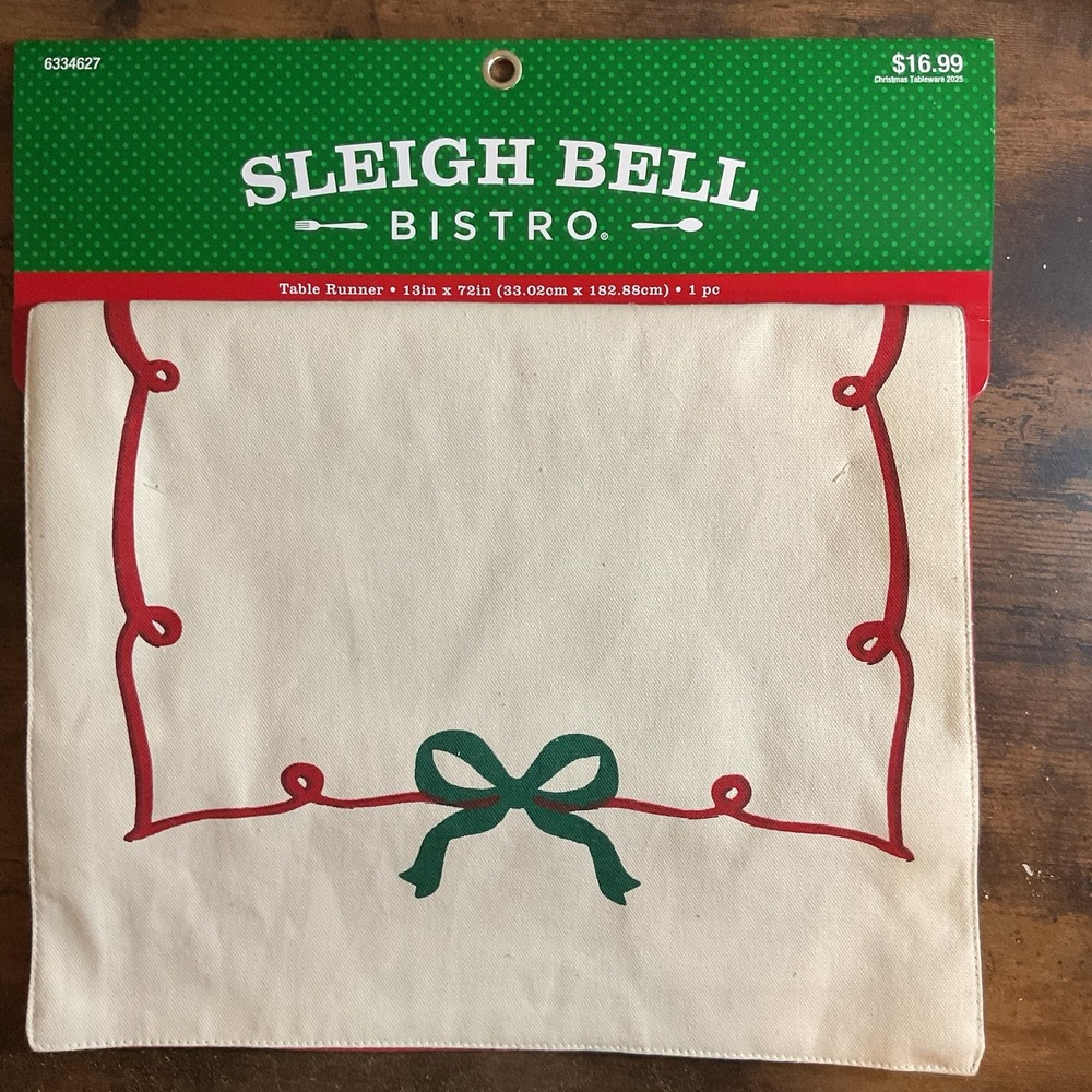 New Table Runner Sleighbell Bistro (13in‎ X 72in) Off White Red Green Bow
